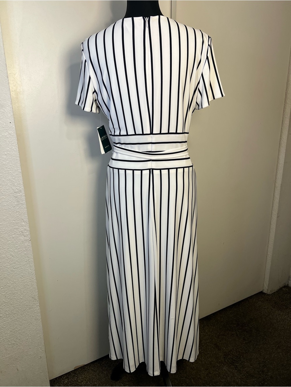 Ralph Lauren White Maxi Dress with Black Vertical Stripes and Waist Tie - Picture 6 of 8